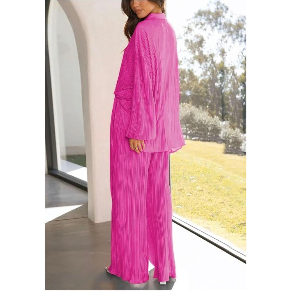ONIRIKE 2 Pc Sweatsuit Womens SZ LRG Pleated Long Sleeve Button Up Palazzo Pants - Picture 6 of 8
